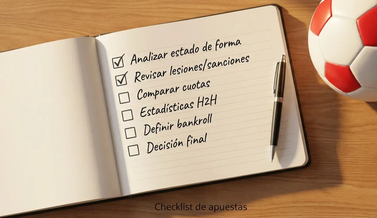 Libreta con lista de verificación junto a un balón de fútbol y bolígrafo
