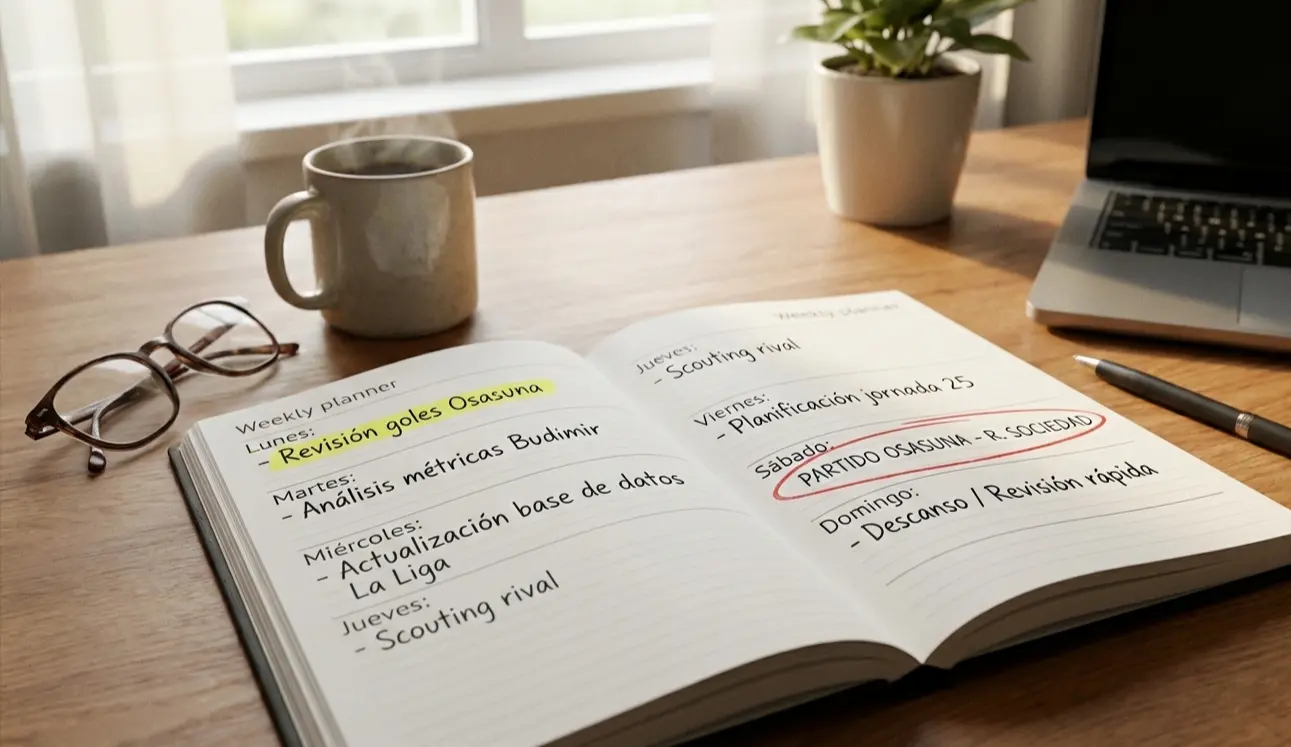 Agenda semanal abierta con notas de planificaci&oacute;n sobre una mesa de trabajo