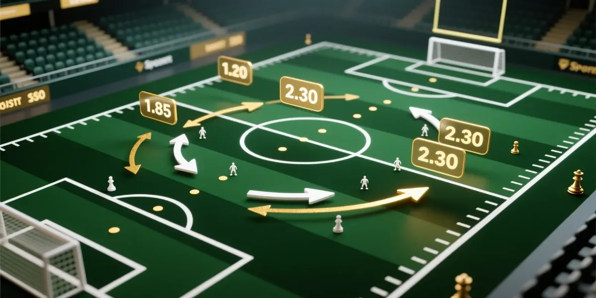 Análisis táctico para apuestas: vista cenital de campo de fútbol con formaciones, movimientos de pressing y líneas de pase