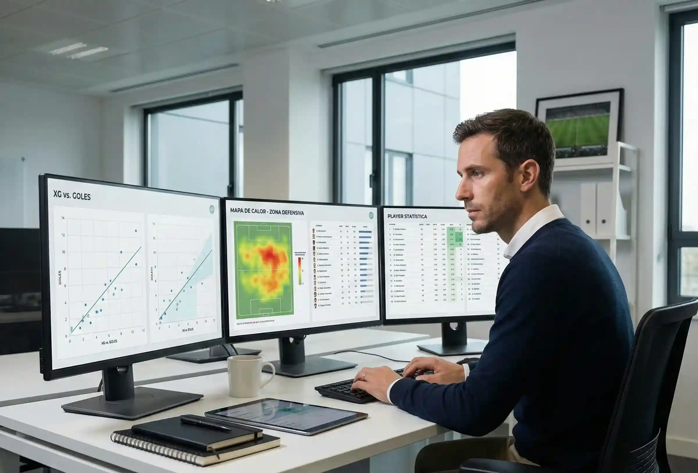 Analista deportivo estudiando datos de rendimiento en pantallas