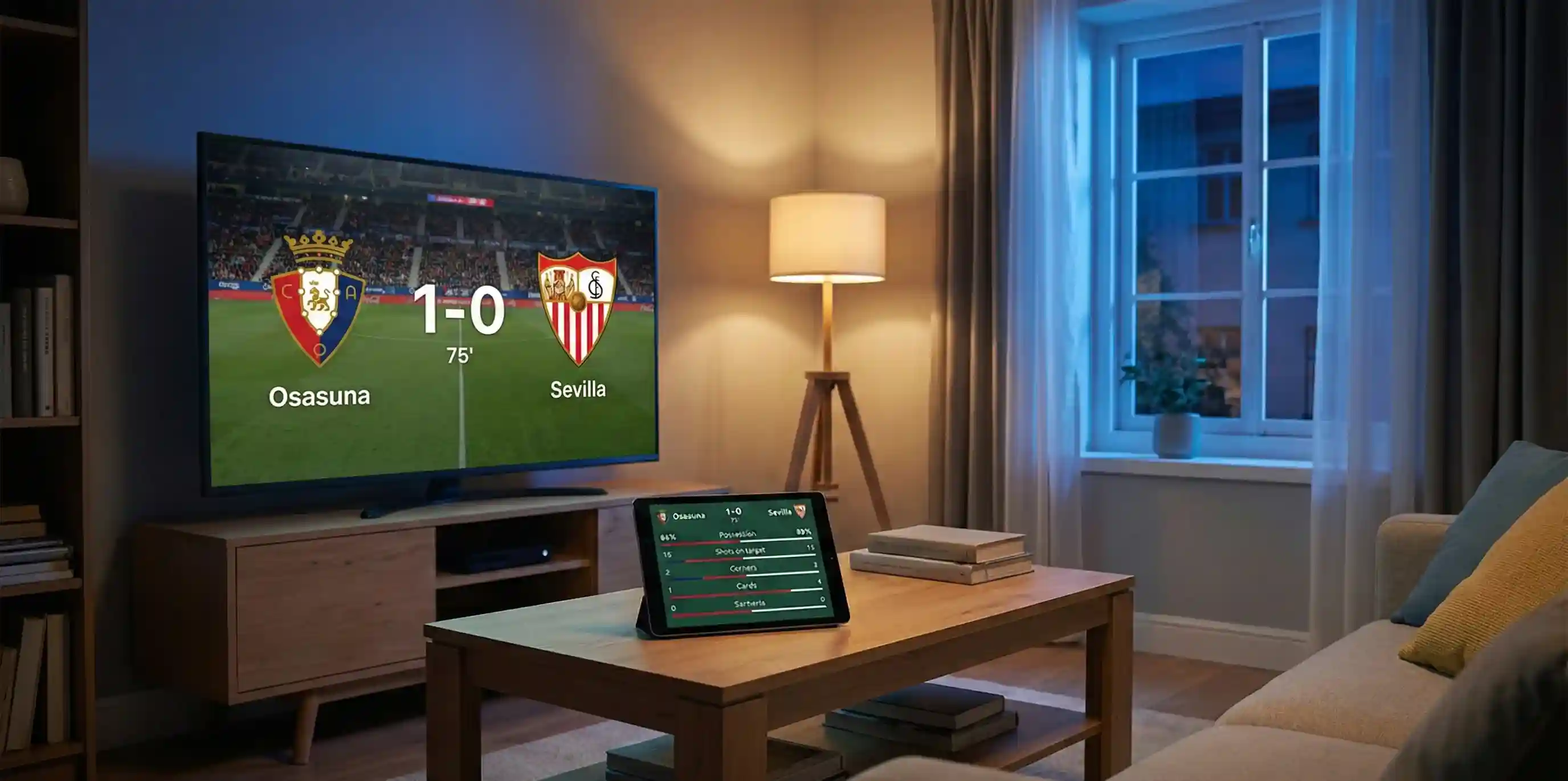 Pantalla mostrando partido de fútbol en directo con estadísticas