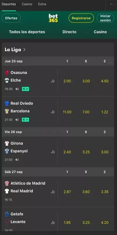 Aplicación móvil mostrando estadísticas y cuotas de apuestas