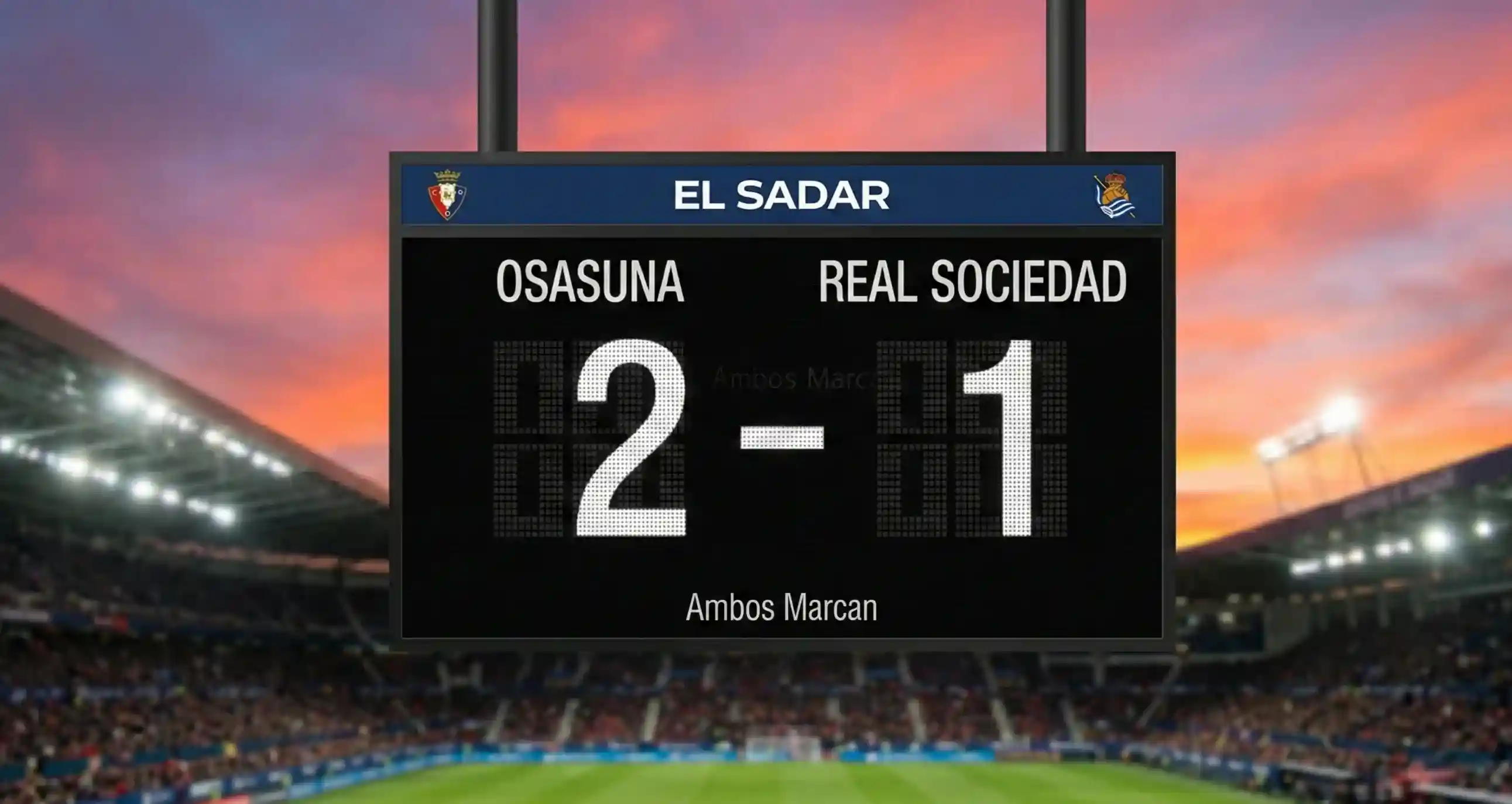 Marcador de estadio mostrando goles de ambos equipos en un partido