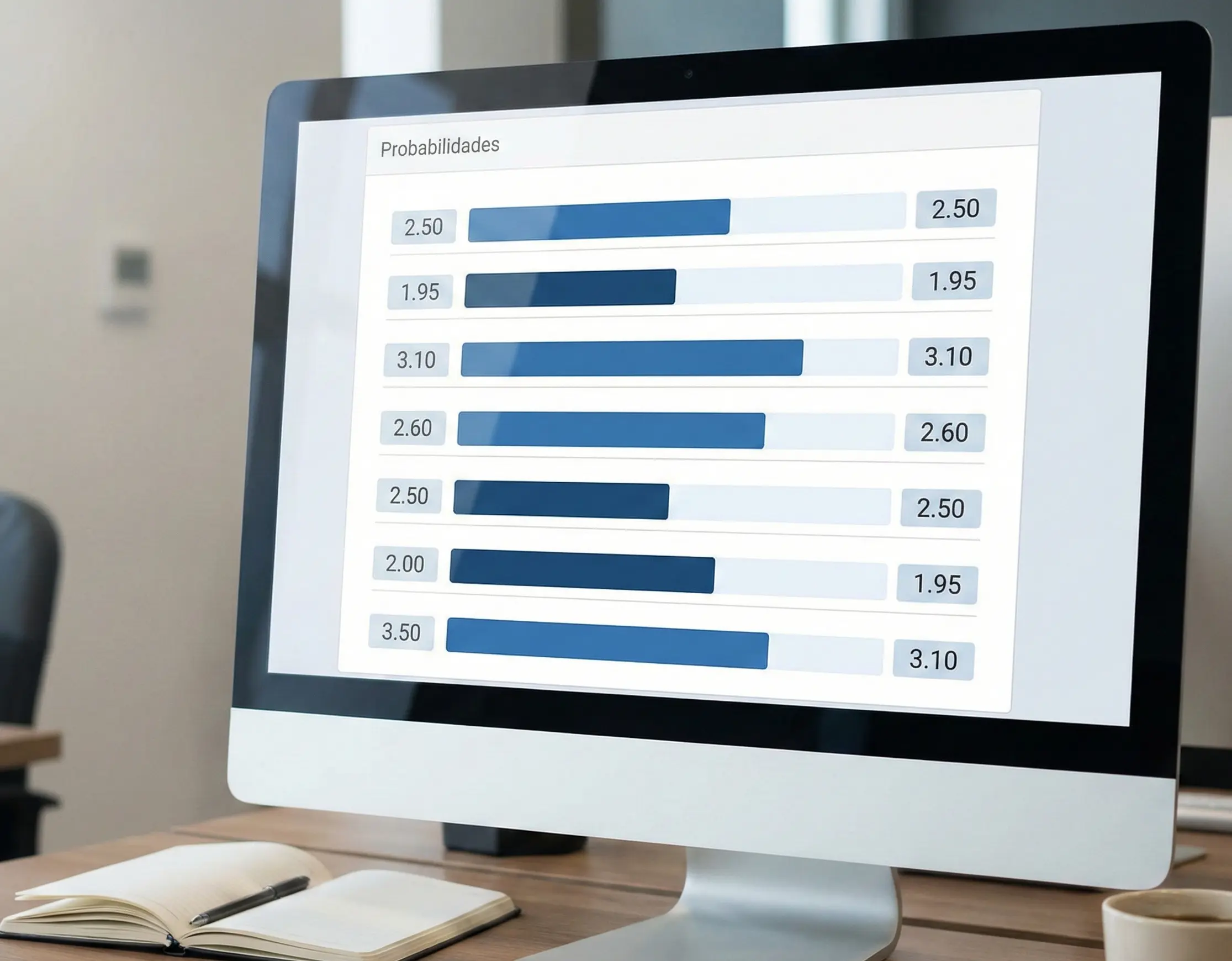 Pantalla mostrando cuotas de apuestas deportivas con gr&aacute;ficos de probabilidades