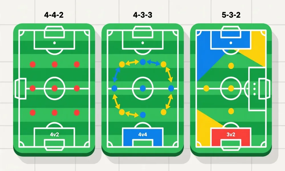 Formaciones t&aacute;cticas comparadas: 4-4-2 equilibrado, 4-3-3 ofensivo y 5-3-2 defensivo con patrones de movimiento