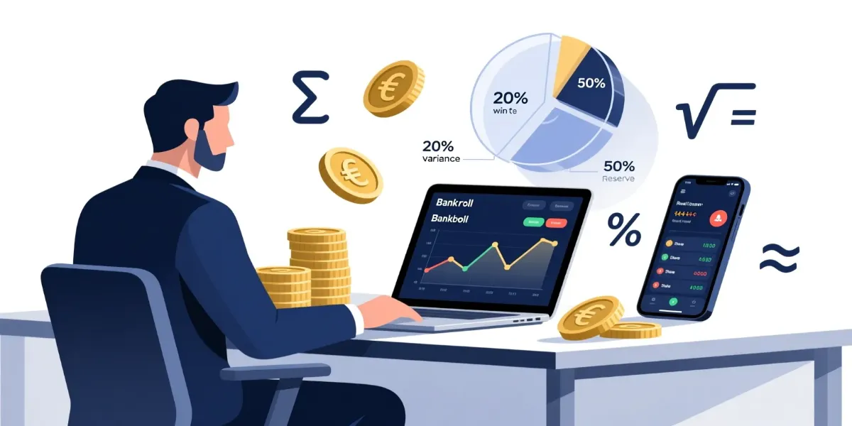 Gestión profesional de bankroll en apuestas deportivas: persona analizando datos financieros con gráficos y monedas organizadas