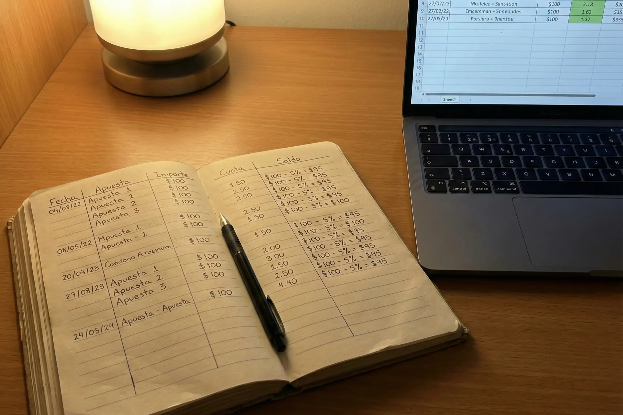 Libreta con anotaciones de gesti&oacute;n de bankroll y estad&iacute;sticas de apuestas