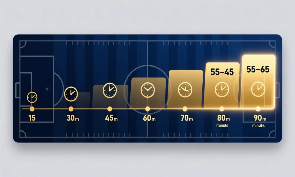 L&iacute;nea temporal de 90 minutos mostrando los 7 momentos clave para apostar en vivo con zonas doradas destacadas