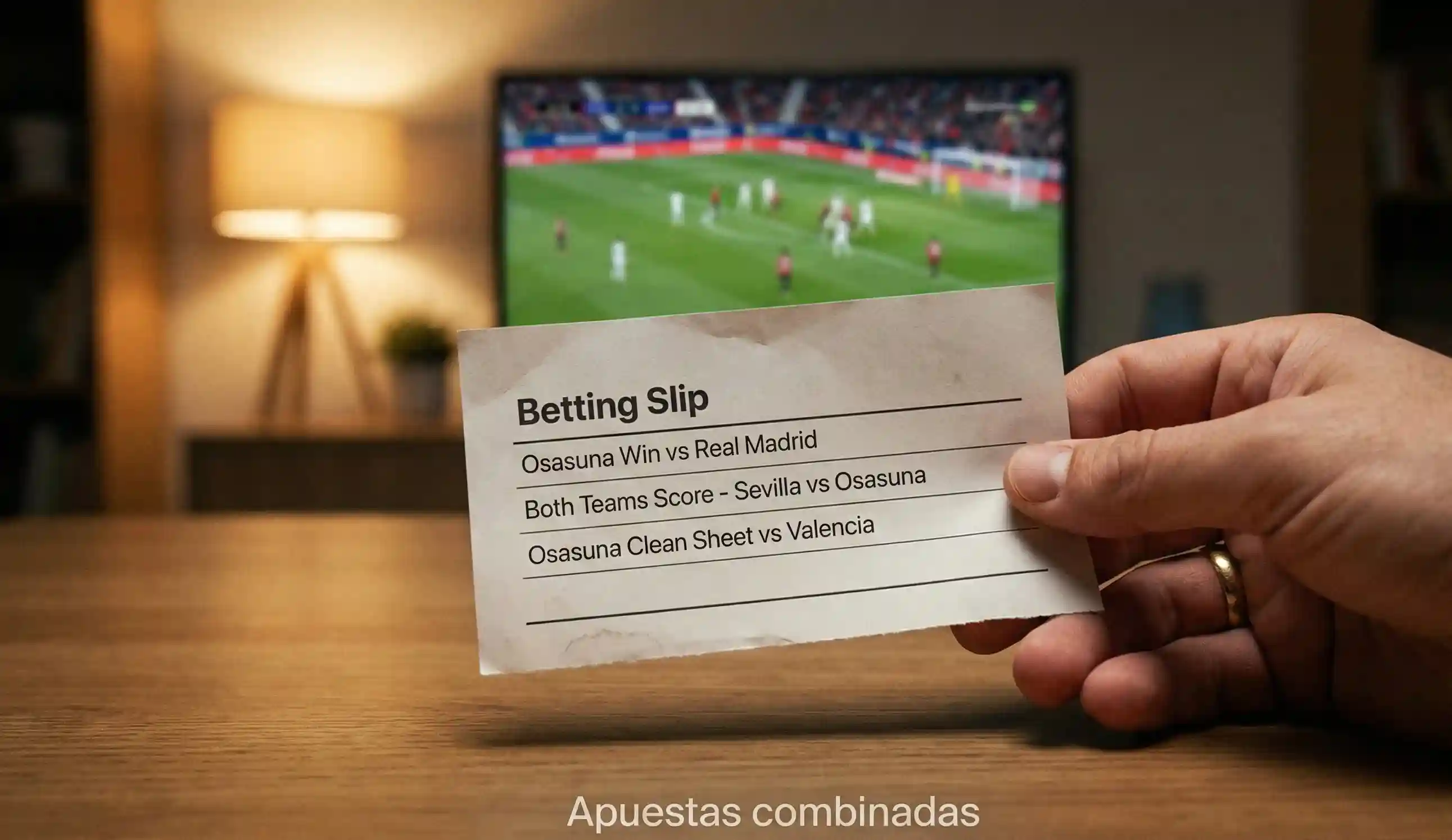 Boleto de apuestas múltiples junto a un partido de fútbol en televisión