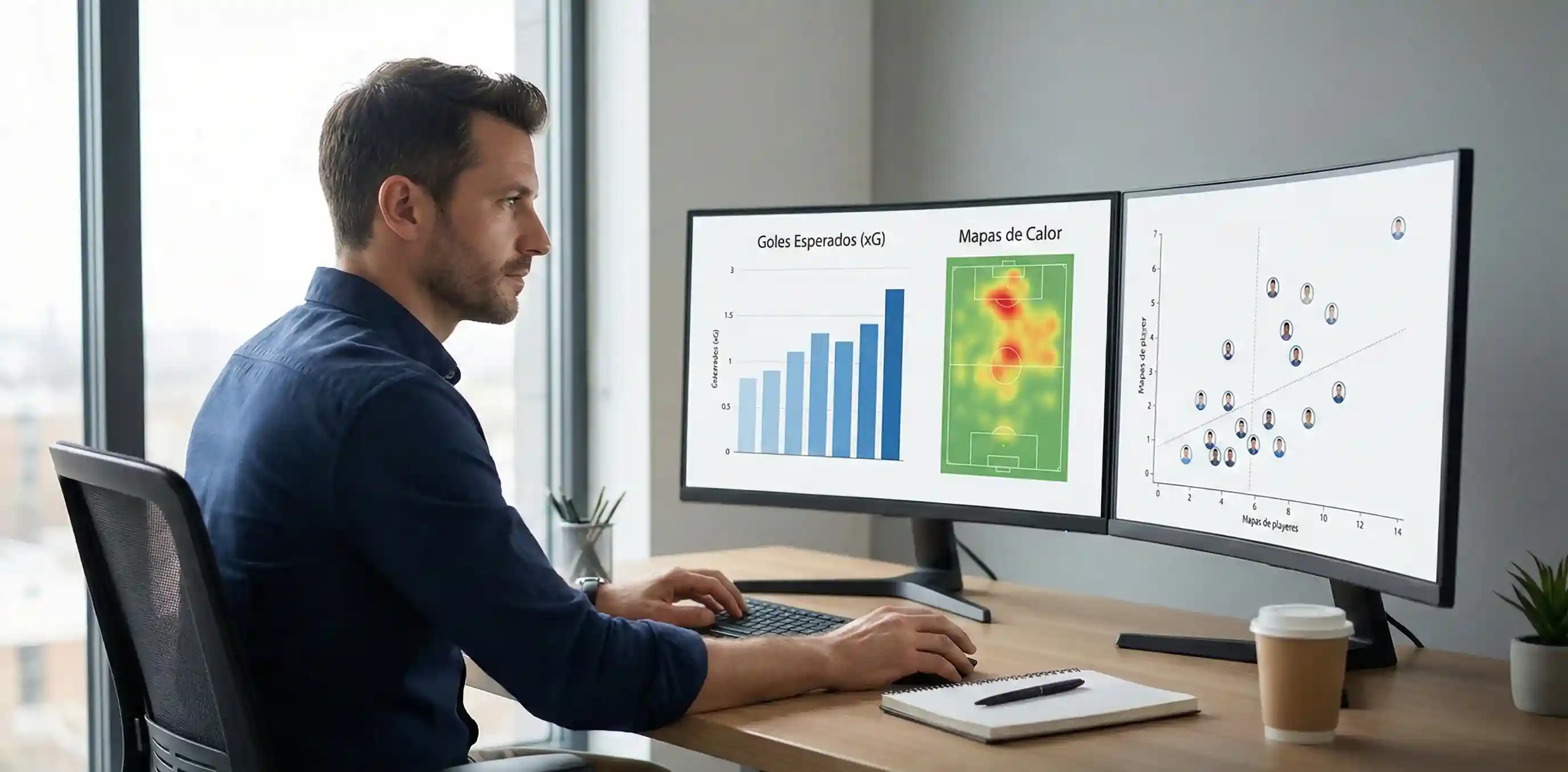 Analista deportivo revisando estadísticas de fútbol en múltiples pantallas