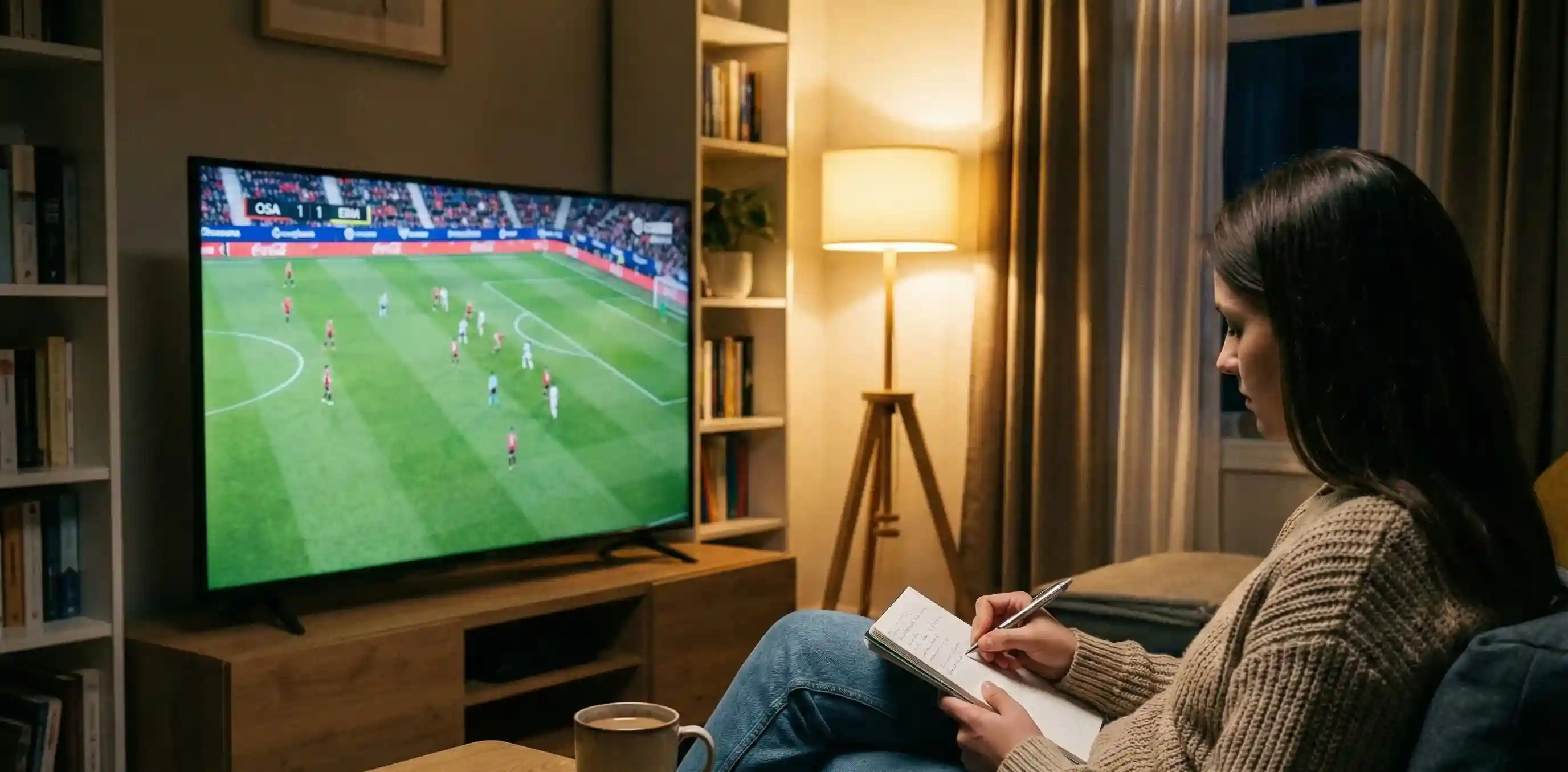 Persona tomando notas mientras analiza un partido de f&uacute;tbol en televisi&oacute;n