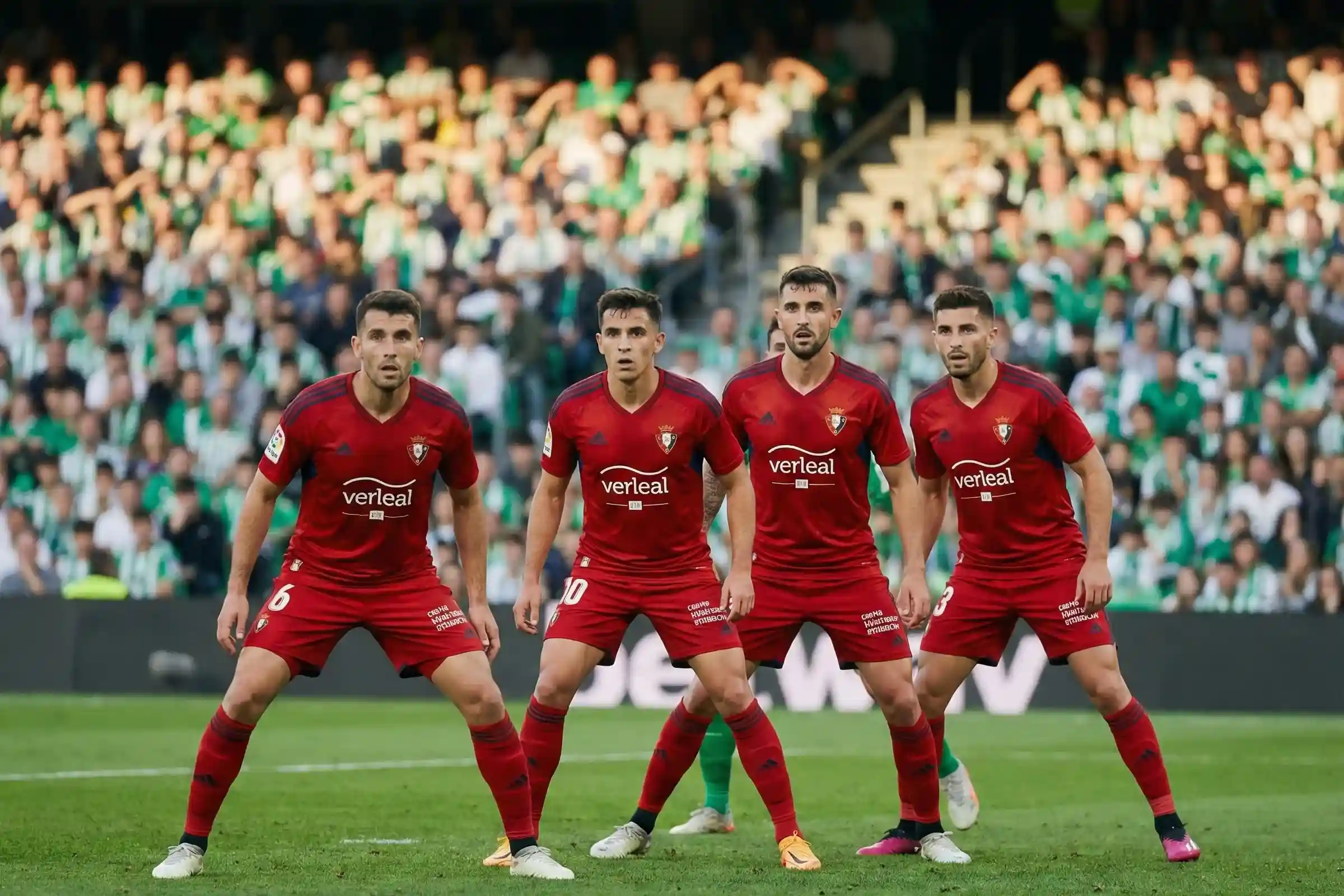 L&iacute;nea defensiva de f&uacute;tbol organizada durante un partido como visitante