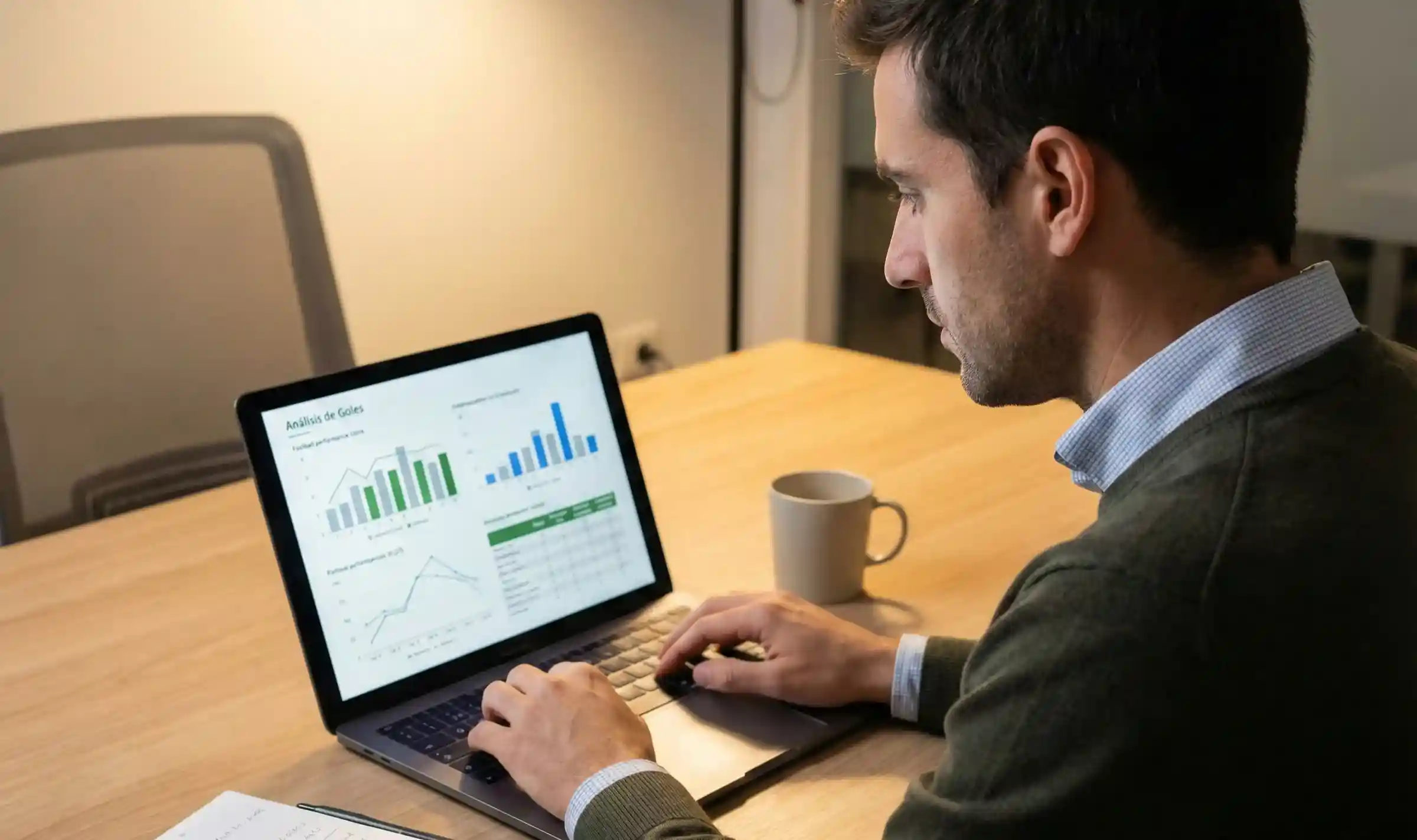 Analista deportivo revisando estad&iacute;sticas de f&uacute;tbol en un port&aacute;til