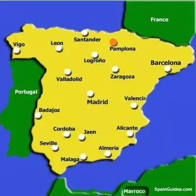 Mapa de España destacando Pamplona en Navarra