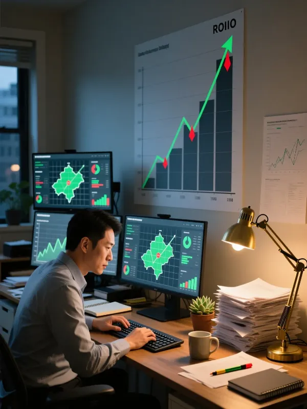 Realidad del an&aacute;lisis t&aacute;ctico: persona estudiando diagramas t&aacute;cticos con gr&aacute;fico de ROI ascendente a largo plazo