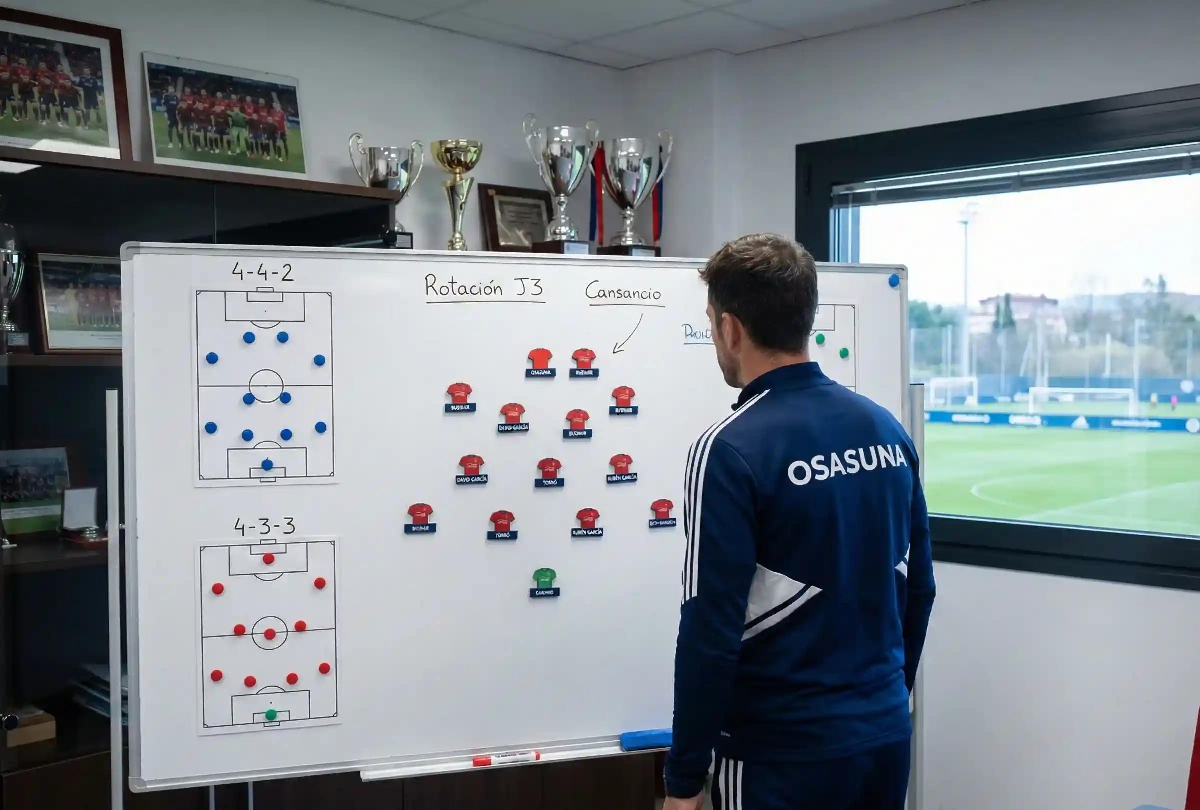 Entrenador de f&uacute;tbol estudiando opciones de rotaci&oacute;n en la pizarra t&aacute;ctica