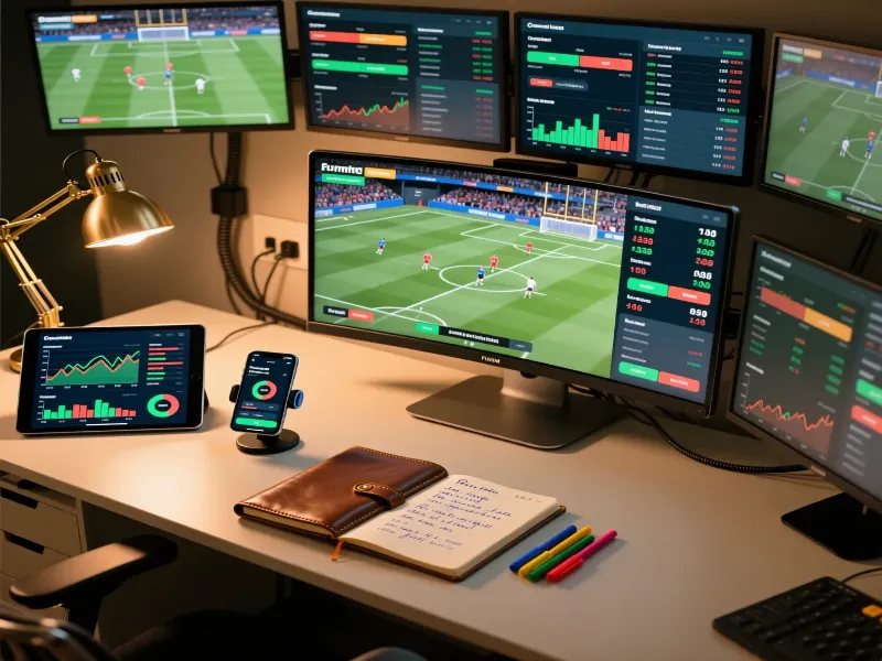 Configuraci&oacute;n profesional para apuestas en vivo: monitor con partido, tablet con estad&iacute;sticas y m&oacute;vil con app de apuestas