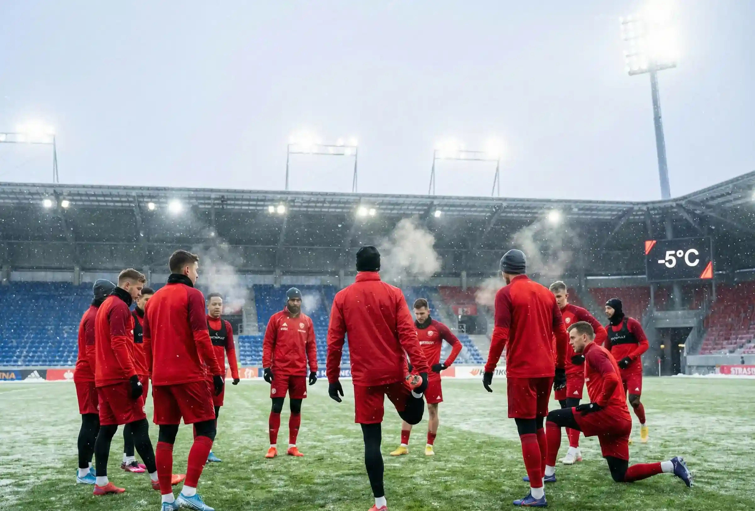 Jugadores de f&uacute;tbol prepar&aacute;ndose para jugar en condiciones de fr&iacute;o intenso