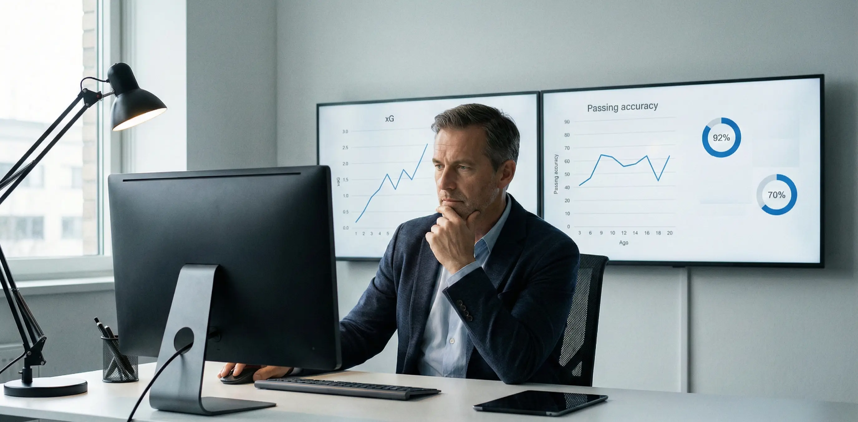 Analista deportivo estudiando estadísticas de fútbol en múltiples pantallas
