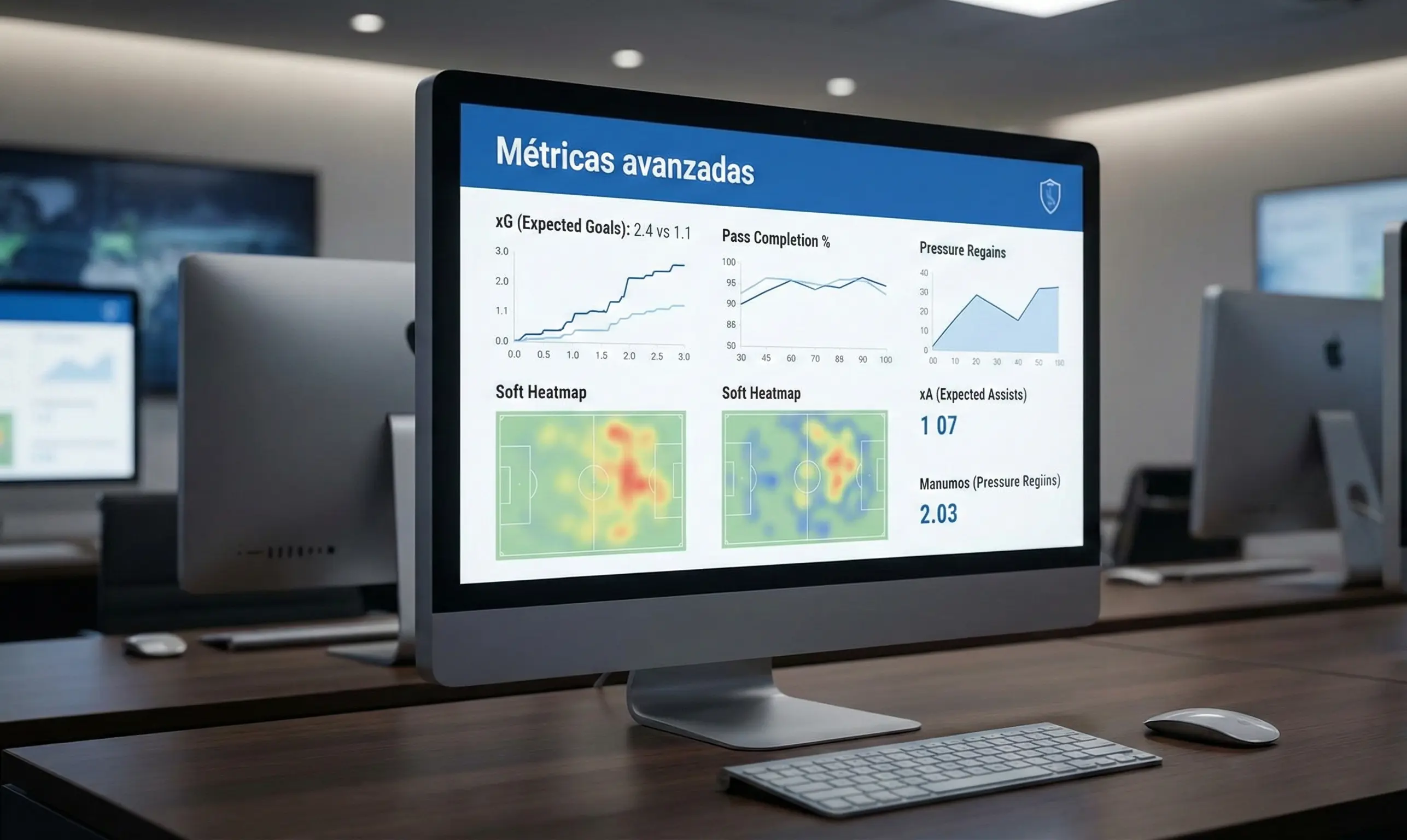 Pantalla de análisis mostrando métricas avanzadas de fútbol